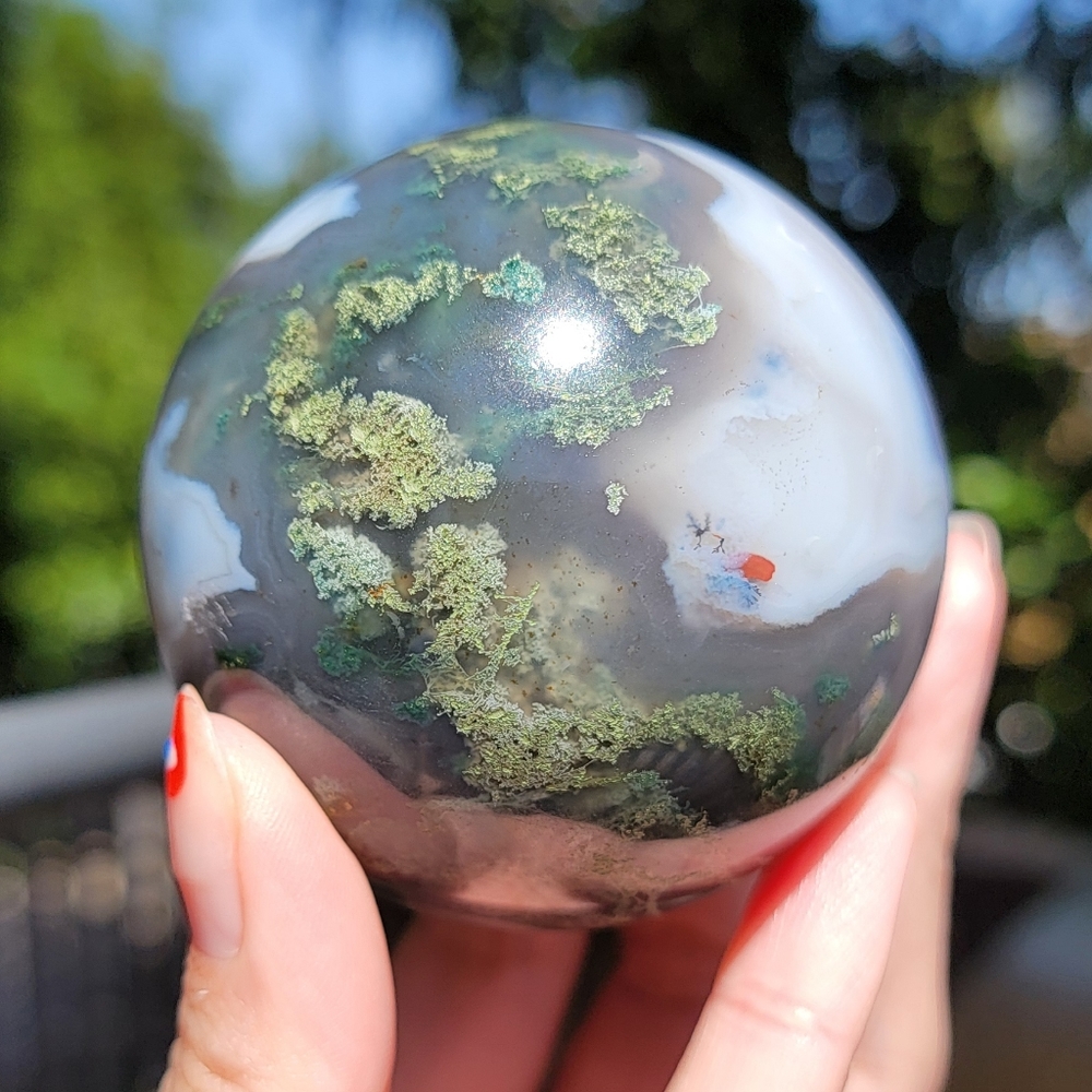 NEW 3" (76mm) MOSS AGATE WITH DENDRITE & RED HEMATITE